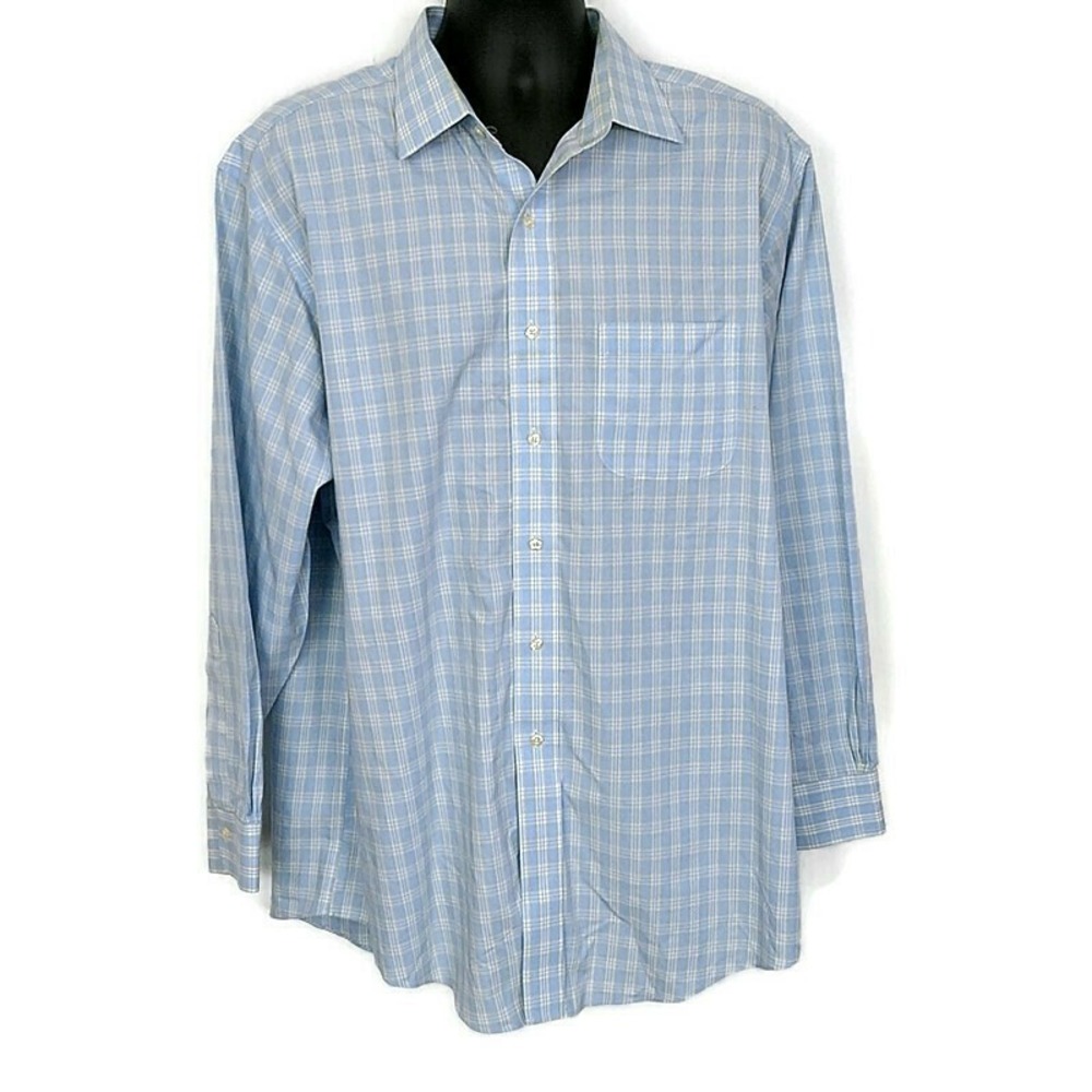 Brooks Brothers Classic Plaid Dress Shirt Blue Supima Cotton Non Iron sz 17 34